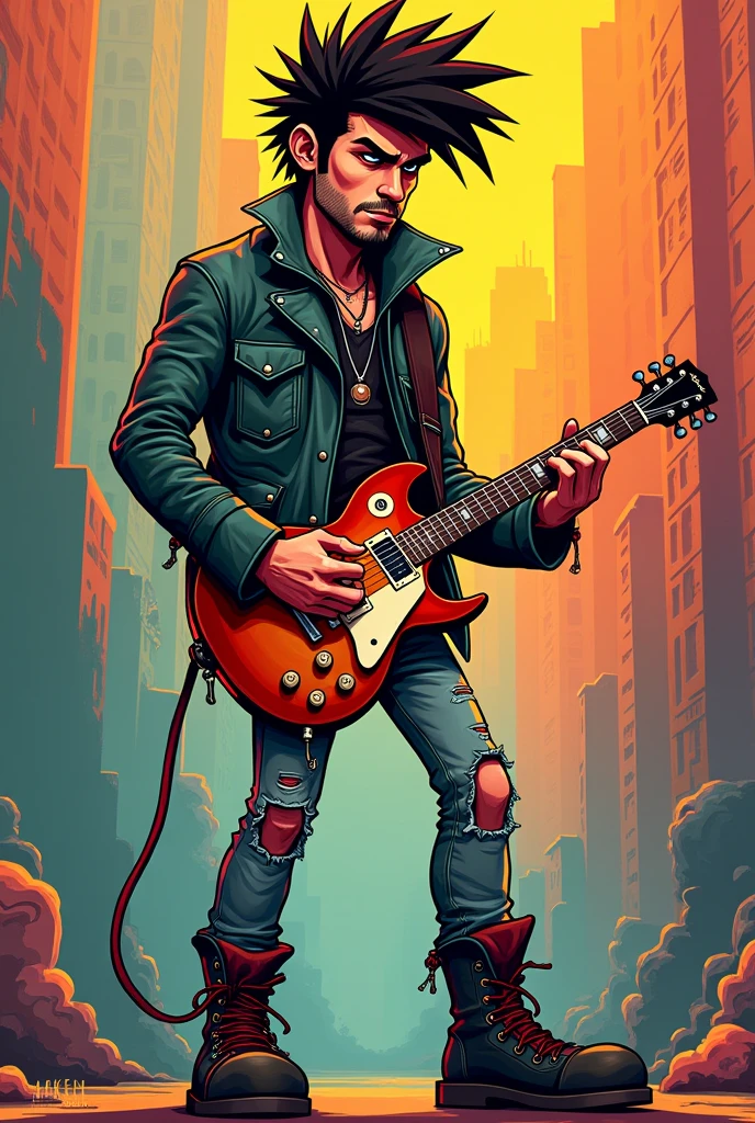 Rocker man illustration with gorillaz drawing styles cartoon version
