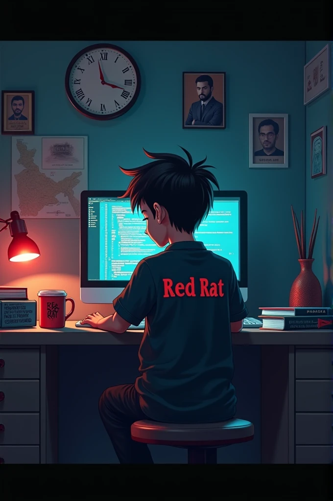 A room is full of furniture. Inside the room there is a table. A boy is sitting in front of the computer. Hacking is going on on the computer screen. A cup of coffee is on the table. Red RaT is written on the cup. Inside the wall clock it is three in the morning. TEAM Red RaT is written on the back of the clothes the boy is wearing. Various maps along the wall. There are many pictures of murderers along the wall. There is a book on the table, the book is covered with the flag of Bangladesh, written on the top of the book is my Bangladesh. A small Bangladeshi flag placed in one corner of the table.