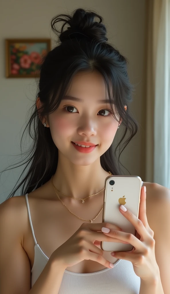 create, (Highest quality:1.2), (Realistic:1.1), Young Asian Woman, (Long black hair:1.0), Messy bun hairstyle, (Soft features:0.9), Selfie in the mirror, (White spaghetti strap top:0.8), (Delicate necklace:0.7), Holding a black smartphone, (Indoor Settings:0.9), (A framed picture hanging on the wall:0.6), (Warm lighting:0.8), (Natural pose:1.0), (tilt your head slightly:0.9), 8k resolution
