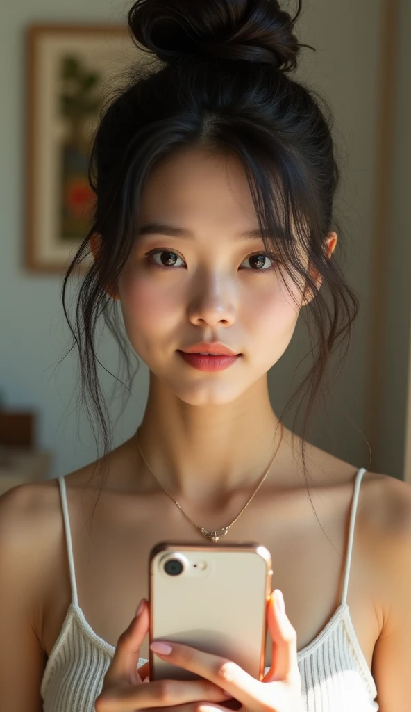 create, (Highest quality:1.2), (Realistic:1.1), Young Asian Woman, (Long black hair:1.0), Messy bun hairstyle, (Soft features:0.9), Selfie in the mirror, (White spaghetti strap top:0.8), (Delicate necklace:0.7), Holding a black smartphone, (Indoor Settings:0.9), (A framed picture hanging on the wall:0.6), (Warm lighting:0.8), (Natural pose:1.0), (tilt your head slightly:0.9), 8k resolution