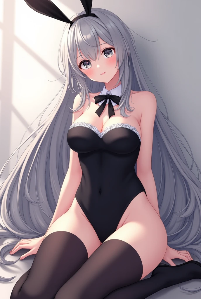  anime girl with long gray hair, with black strapless bodysuit, with black bunny ears, grey eyes, with white clothing collar with black bow, black stockings up to the waist, black heels, Mischievous smile