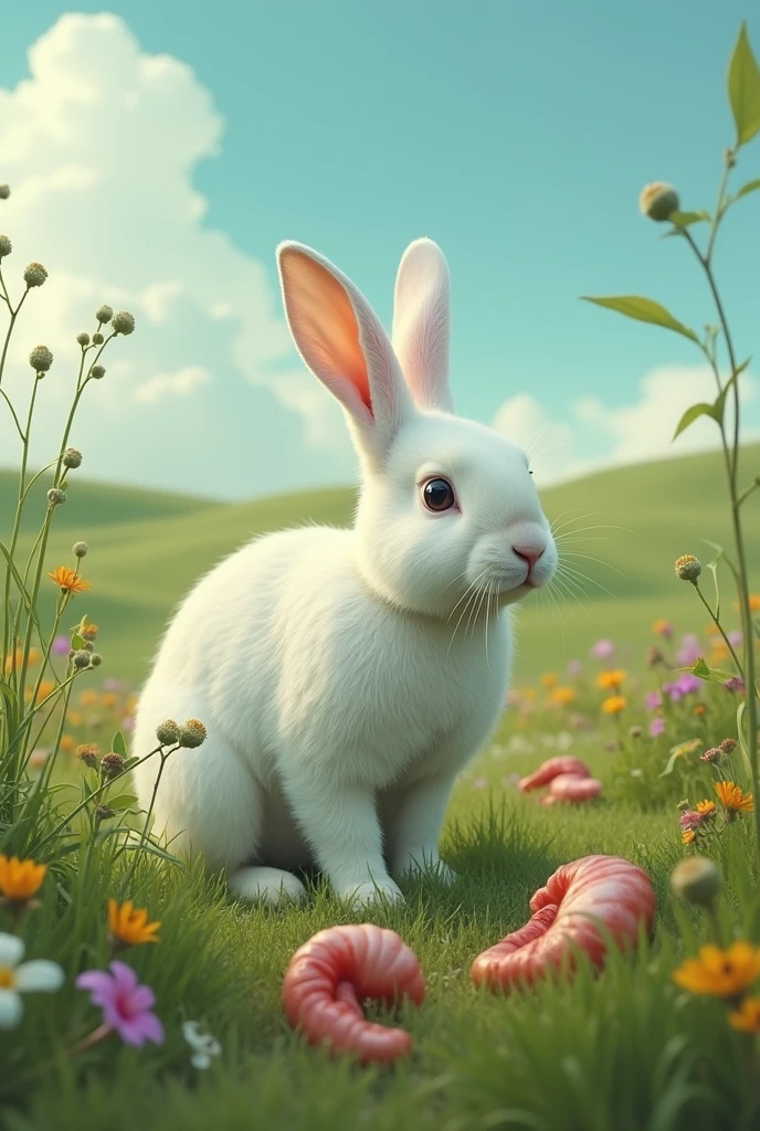 White rabbit and gizzards in a field 