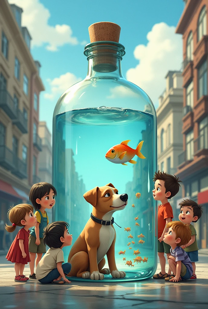 8 children gathered with a single dog and a single fish inside a bottle with water only the fish ,in a city