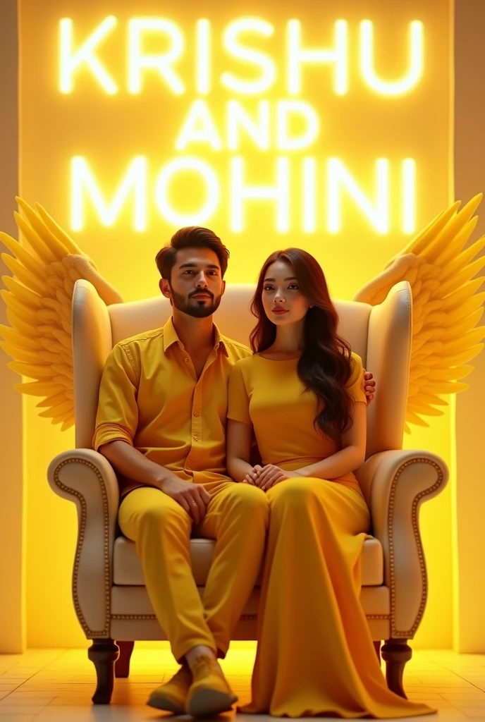 
[YELLOW EDITION] - " Create a 3d realistic image where a couple in YELLOW casually on a wingback chair, look ahead the background features "KRISHU & MOHINI in big and capital WORM LIGHT glowing fonts on the white lighting wall. There should not be shadow, and wings should be added to make it appear as if he and sheis an angel. "