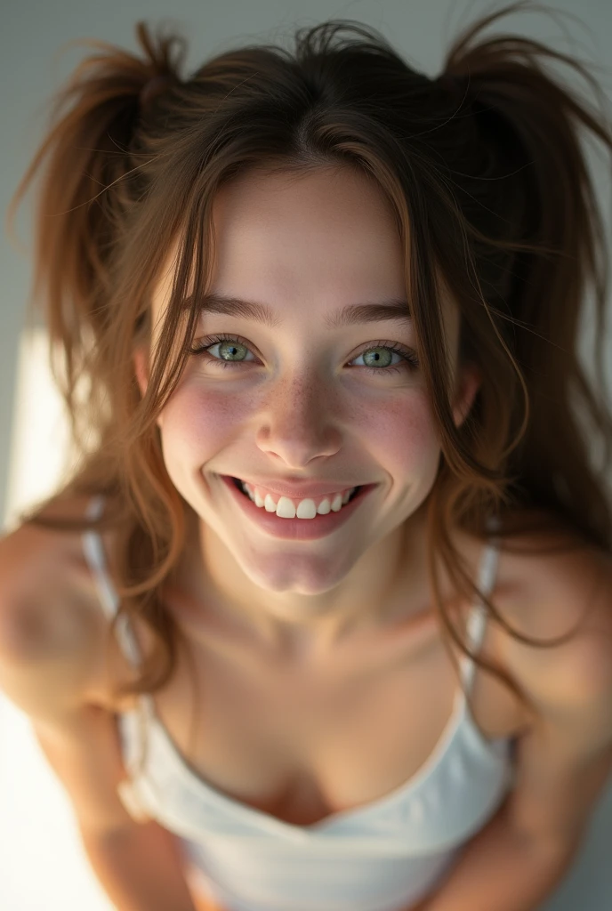 Beautiful, white, young woman, long brown hair, green eyes, wearing white tank top, wearing white cotton panties, hair tied loosely into pigtails, mouth very wide open and happy, top down view