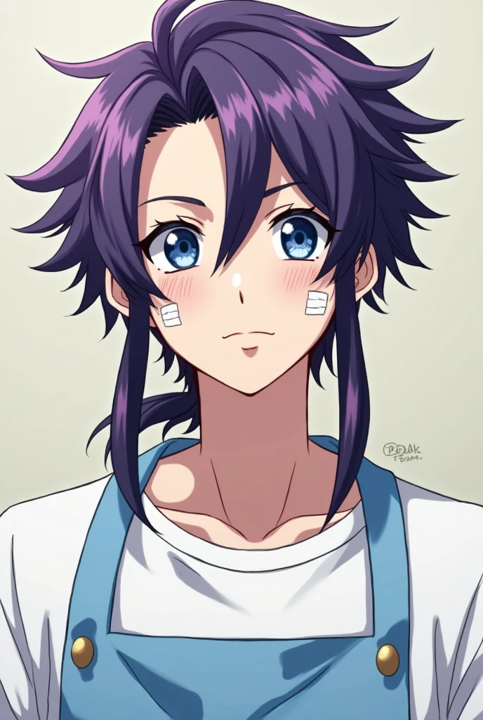 Generate a handsome purple-haired man in anime style (mullet cut) with two long black locks, blue eyes, freckles on his face, White skin, two bandages on his cheeks, a white shirt with a white shirt and a sky blue apron