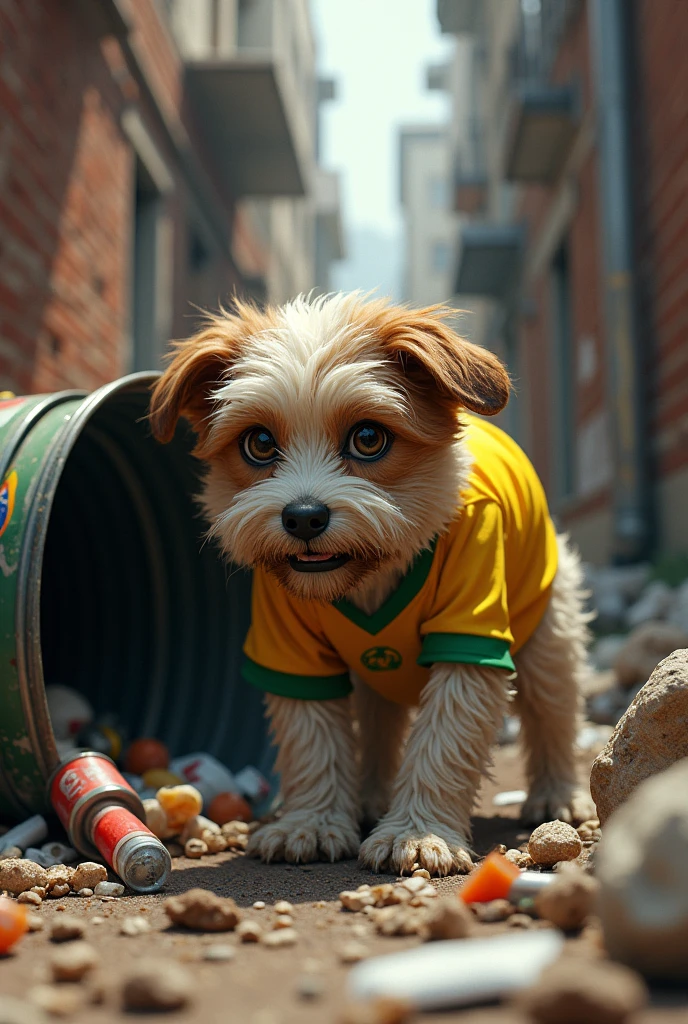 A dog eating garbage from an overturned can wearing a Brazilian t-shirt