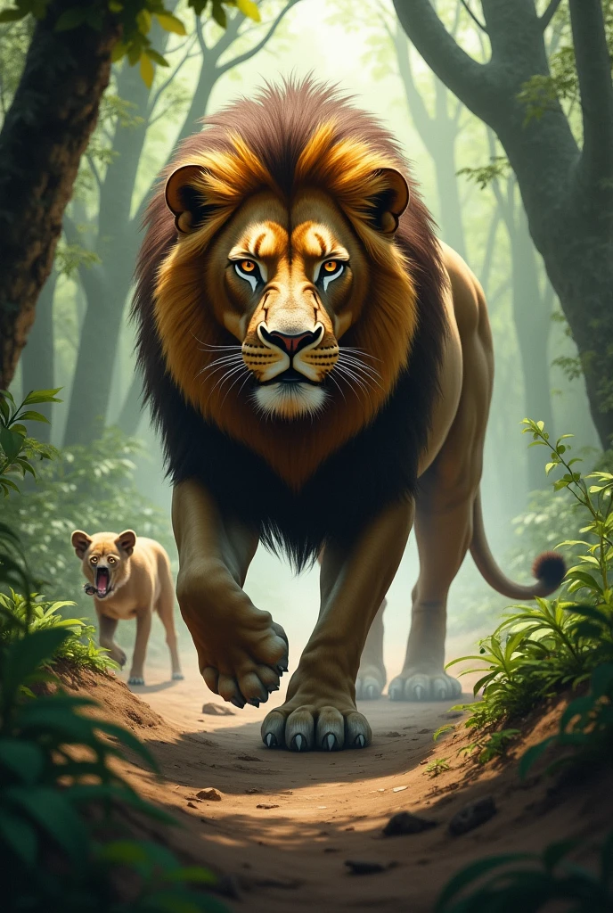 The Ferocious Lion: Depict a powerful, menacing lion with a fierce expression, prowling through the forest, with animals cowering in fear nearby.