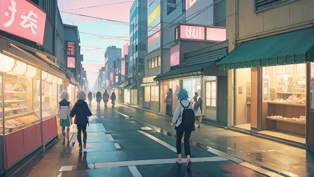 japanese city landscape, windy, anime style, detailed, pastel colors, windy, people walking, bycicle