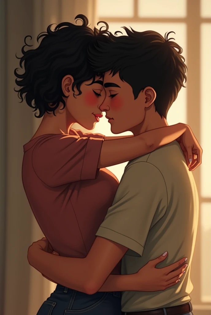 Click (short black curly hair, guera, linda) hugging me (man short curly black hair)