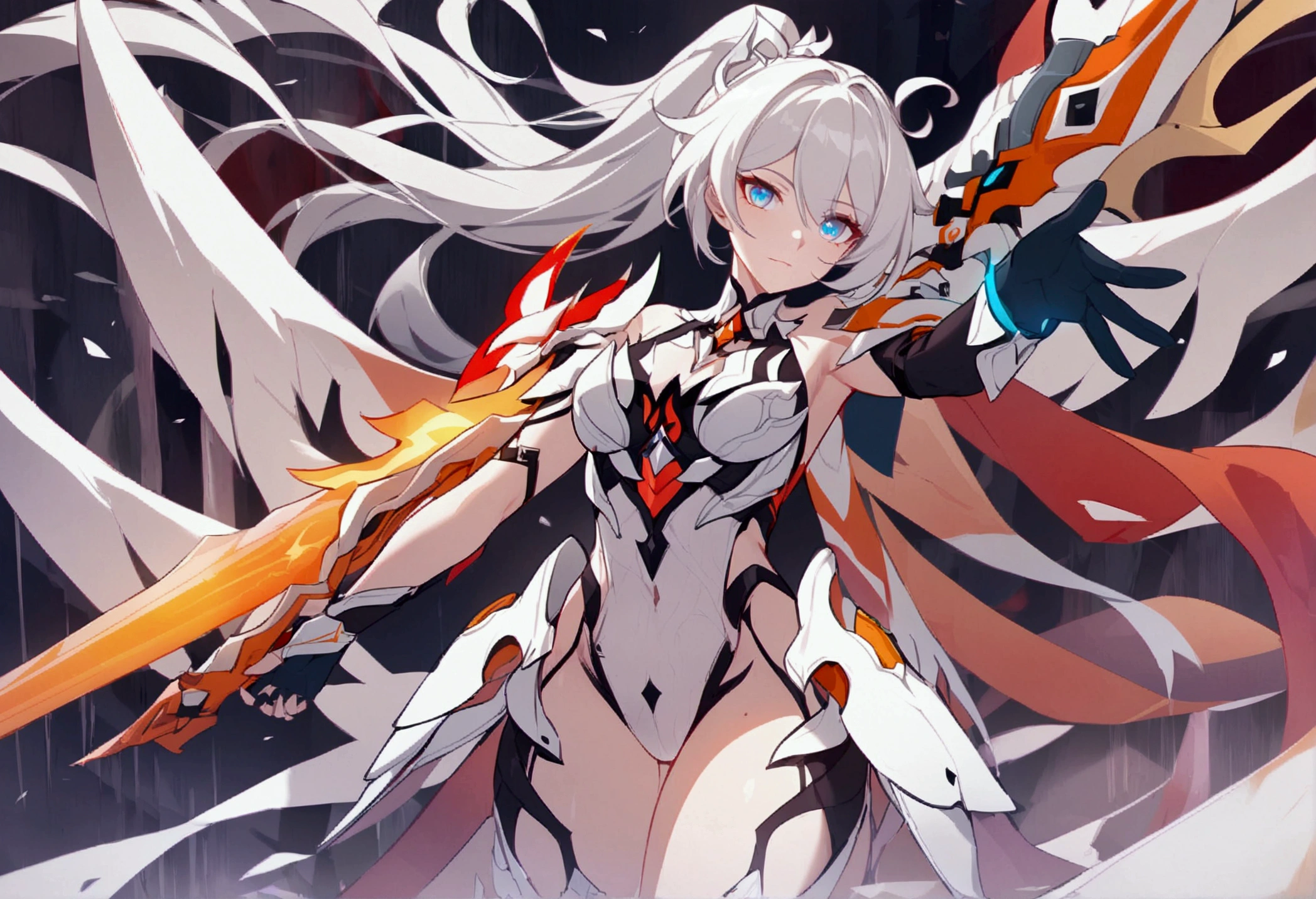 1 girl,mature girl,kiana kaslana,Herrscher  of Flamescion,Honkai Impact,white hair,shiny hair,beautiful long hair,beautiful eyes, high quality,beautiful,valkyrie,hyper,masterpiece,perfect body, nice body, curvy,armor,hyper quality,high quality, perfect,high detailed eyes,high detailed face,valkyrie suit,wings,flame guns,great flame sword,looking at viewer