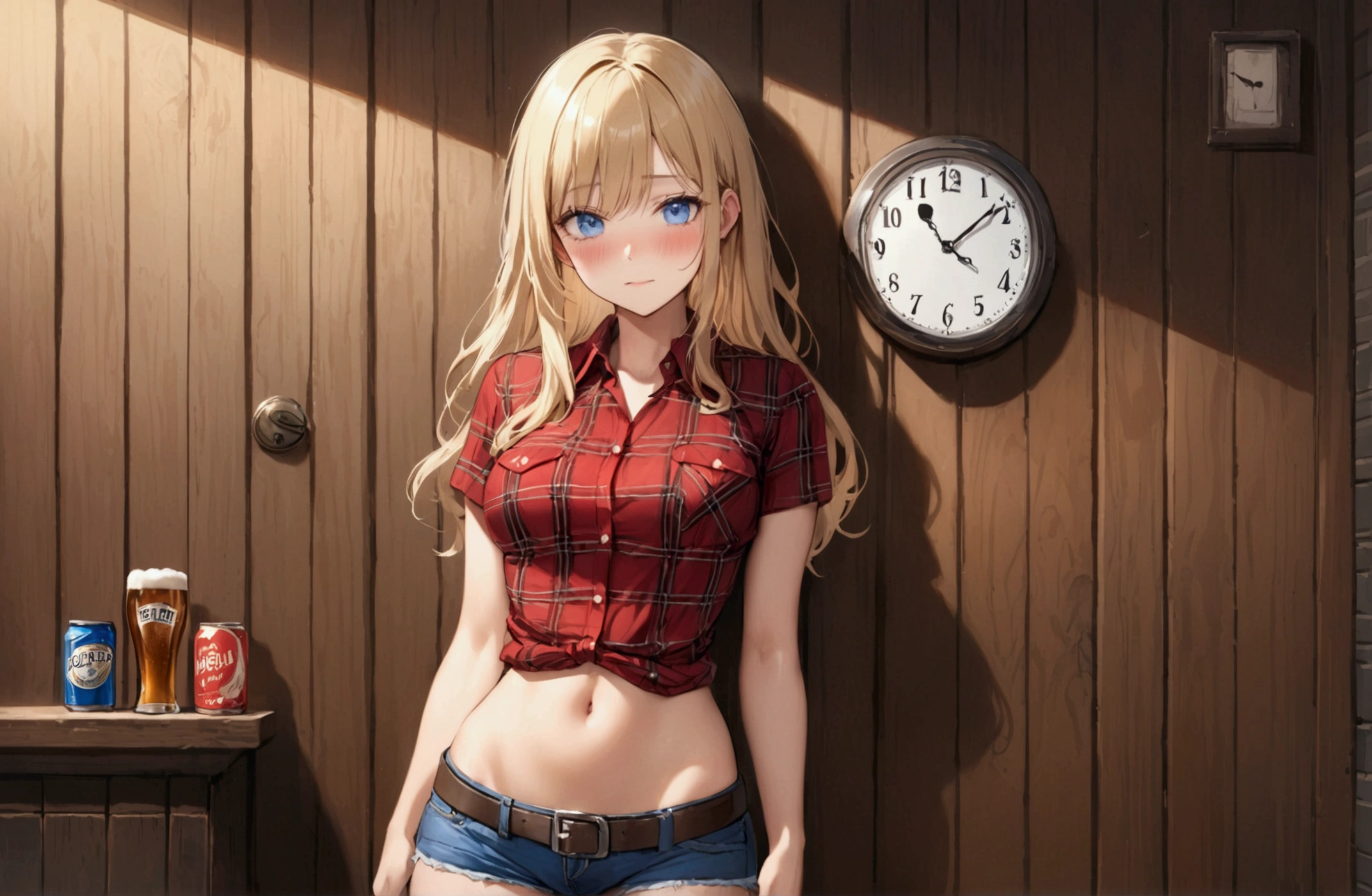 Woman with long blonde hair, blue eyes, Athletic build, Red plaid tight short sleeve collared cowgirl shirt, clock, Navel exposed, Denim hot pants, Brown belt with oval buckle, Please stand up straight,Blushed face, Drunk,Embarrassing,In front of a wooden wall,can of beer,Front view,Cowboy Shot,16K, Highest quality, masterpiece, Realistic, detailed