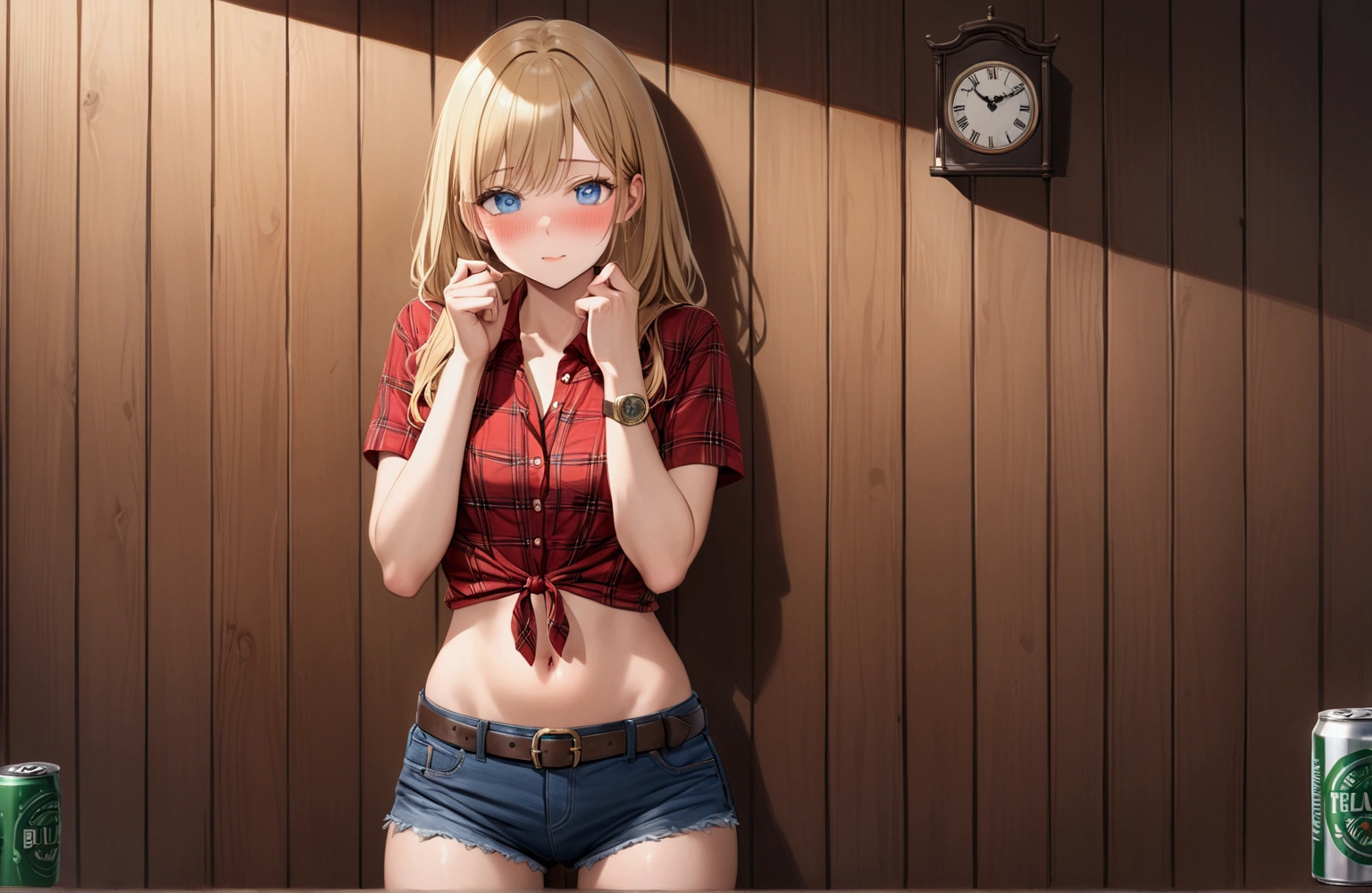 Woman with long blonde hair, blue eyes, Athletic build, Red plaid tight short sleeve collared cowgirl shirt, clock, Navel exposed, Denim hot pants, Brown belt with oval buckle, Please stand up straight,Blushed face, Drunk,Embarrassing,In front of a wooden wall,can of beer,Front view,Cowboy Shot,16K, Highest quality, masterpiece, Realistic, detailed