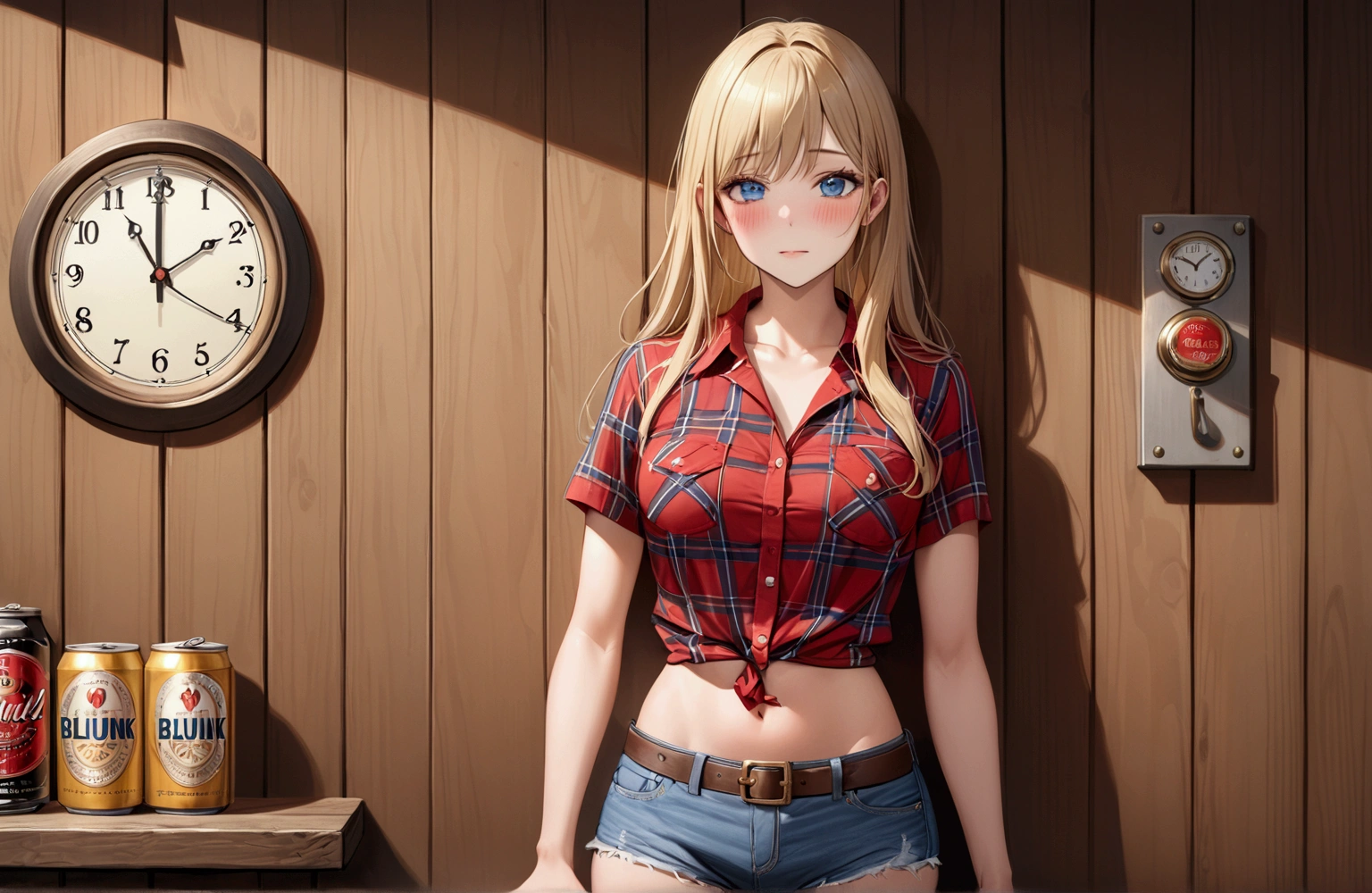 Woman with long blonde hair, blue eyes, Athletic build, Red plaid tight short sleeve collared cowgirl shirt, clock, Navel exposed, Denim hot pants, Brown belt with oval buckle, Please stand up straight,Blushed face, Drunk,Embarrassing,In front of a wooden wall,can of beer,Front view,Cowboy Shot,16K, Highest quality, masterpiece, Realistic, detailed