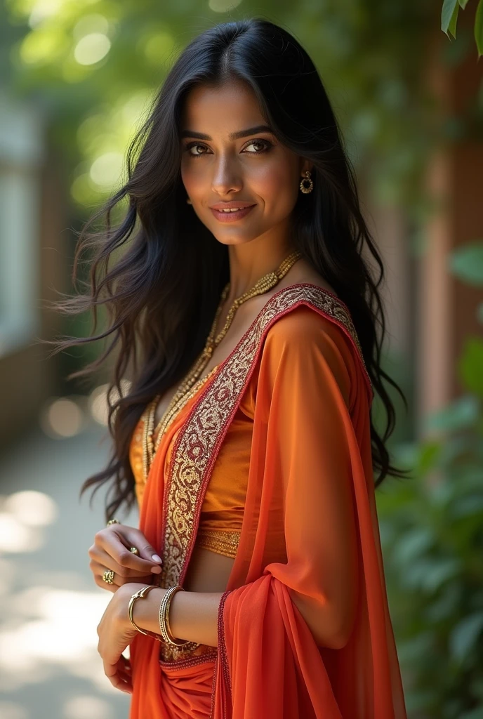 Create 10 prompt for a full body image of a beautiful women who's model and have black hair, she should be doing modeling in various outside backgrounds. With tempting facial expressions and indian clothes