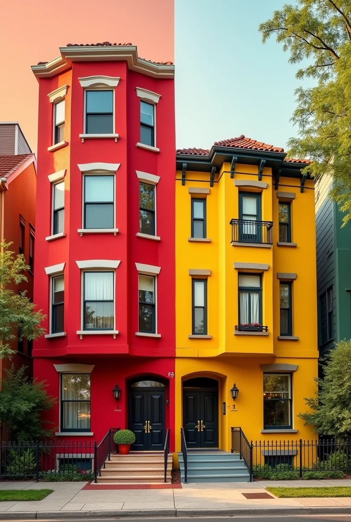 "A card with a divided image: one half shows a cheerful red apartment building, and the other half features a charming yellow Victorian-style house. The colors should blend in the center to signify the card's versatility. The design should highlight the smooth transition between these two distinct property colors."