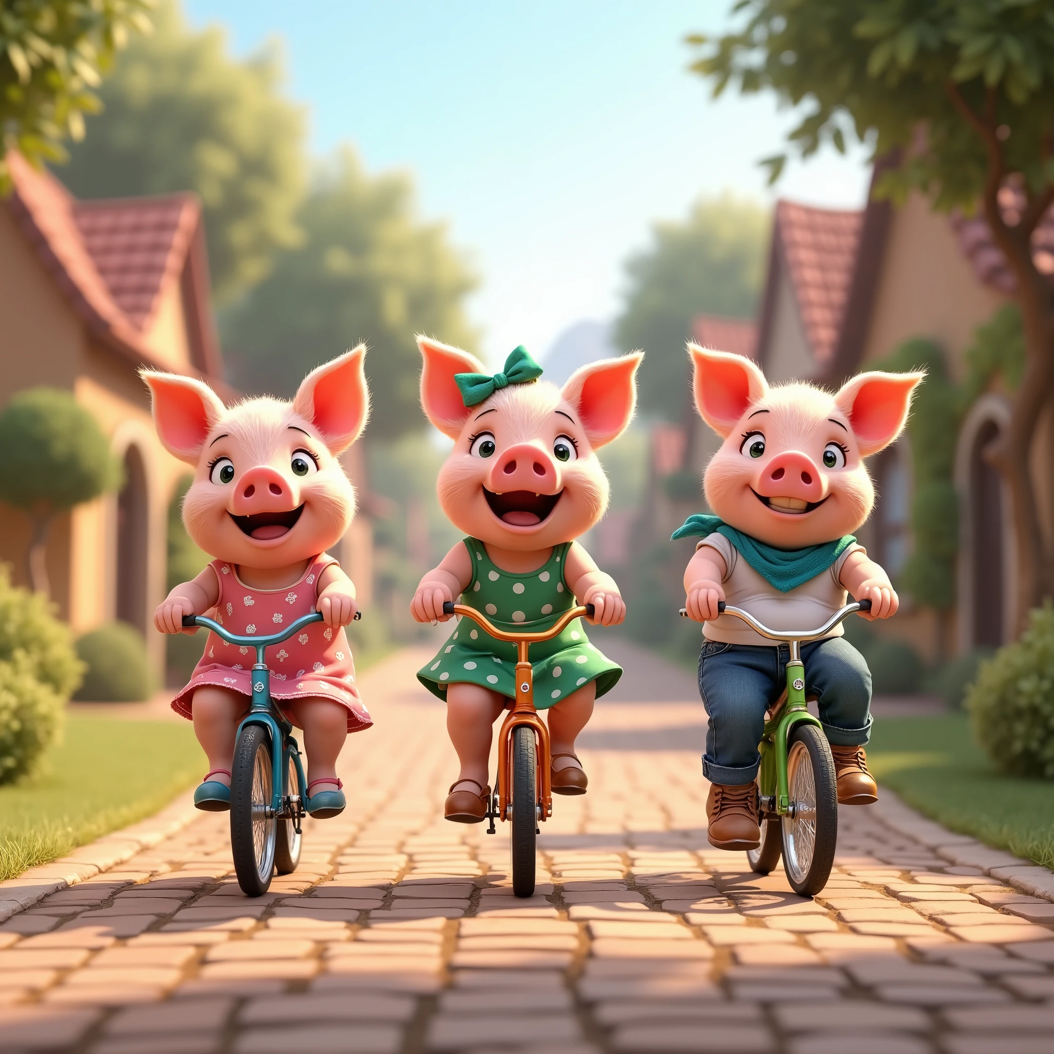 pixar style, 3d, 3 cute, good looking piglets, wearing dresses riding bicycles on cobblestone road in village, one piglet on left is wearing pink dress with white flowers:1.3, middle piglet in centre is wearing green dress with white polka dots:1.3, eldest piglet on the right is wearing white t-shirt blue jeans and a blue bandana:1.3, game button art, Game illustration, lovely digital painting, artstation for kids art, Official artwork, key art, mobile game art, cover game art, zootopia concept art, (soft lighting:1.3), (green and earthy color scheme:1.3), (highly detailed), (ultra quality:1.3), (masterpiece), (digital art), 8K resolution, HDR, depth of field, (soft shadows), (photorealistic:1.3), (animation:1.2), (by Greg Rutkowski:0.9), (in the style of Alphonse Mucha), trending on ArtStation, award-winning art, 3d style