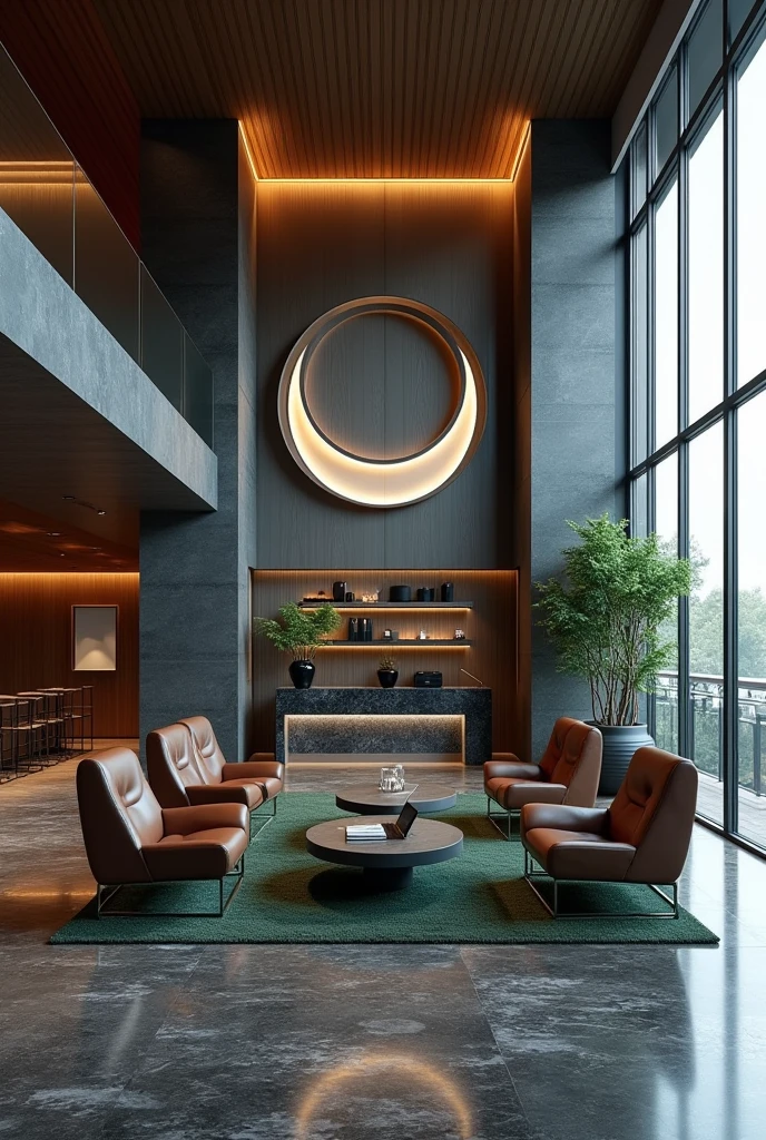 Professional 3d architecture rendering design of modern   And high tech for boticque  hotel’s Labi with  dark slab  stone  and 8 dark brown leather Chairs  that separate with modern green space and medium  flouting  dark gray marble  station and  2 laptops and coffee table elegant and modern  glassy and silver accessories and  modern windows and  private space for baggage  in the Labi and black slab stone middle table and elegant accessories and modern ceiling lighting and beautiful green space and private space for baggage with silver wall and silver reception and big  silver sculpture of crescent moon  that cover with waterfall in the corner of Labi and modern green space between the chairs 