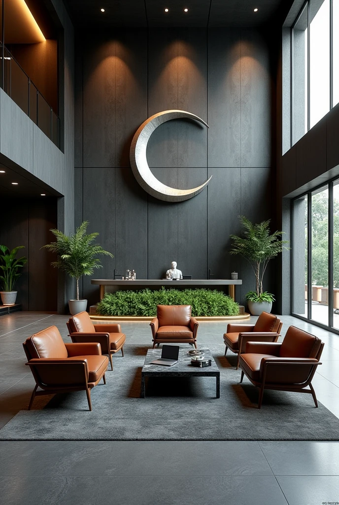 Professional 3d architecture rendering design of modern And high tech for boticque hotel’s Labi with dark slab stone and 8 dark brown leather Chairs that separate with modern green space and medium flouting dark gray marble station and 2 laptops and coffee table elegant and modern glassy and silver accessories and modern windows and private space for baggage in the Labi and black slab stone middle table and elegant accessories and modern ceiling lighting and beautiful green space and private space for baggage with silver wall and silver reception and big silver sculpture of crescent moon that cover with waterfall in the corner of Labi and modern green space between the chairs