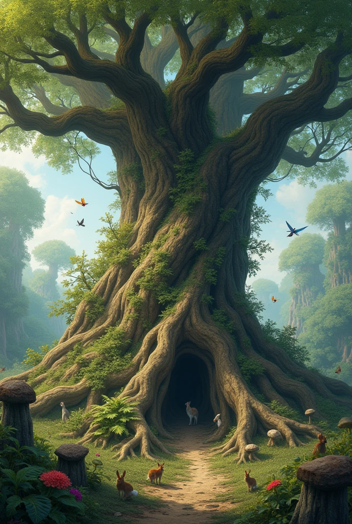 Tree with long roots surrounded by wildlife and forest animals