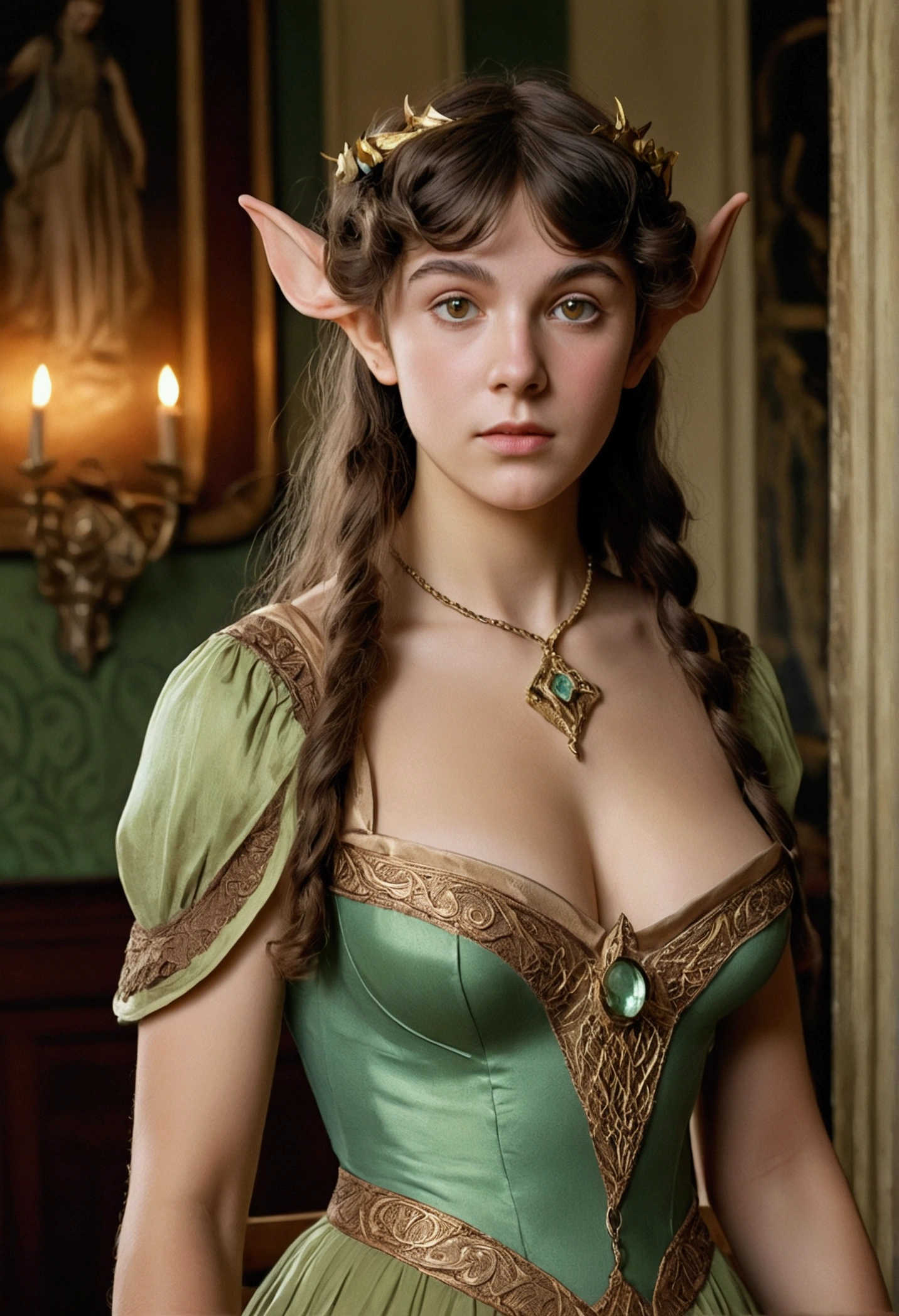 1910s analog film photograph, colorized photo of an elven maiden, 18-years-old, amazonian stature, thick-fit hourglass figure, busty breasts, toned, athletic, wearing a victorian traveling dress, warm almond complexion, pointy elf ears, amber eyes, dark brunette hair, thick curly bangs, resembles Mary Elizabeth Winstead, standing in a manor drawing room, RAW Photograph, dslr, soft lighting, high quality, film grain, Fujifilm XT3, detailed skin with visible pores, insane details, masterpiece, 8k, 35mm photograph, faded film, desaturated, grainy, vintage, Lomography, stained, highly detailed, found footage, long elven ears