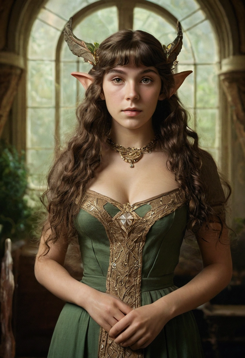 1910s analog film photograph, colorized photo of an elven maiden, 18-years-old, amazonian stature, thick-fit hourglass figure, busty breasts, toned, athletic, wearing a victorian traveling dress, warm almond complexion, pointy elf ears, amber eyes, dark brunette hair, thick curly bangs, resembles Mary Elizabeth Winstead, standing in a manor drawing room, RAW Photograph, dslr, soft lighting, high quality, film grain, Fujifilm XT3, detailed skin with visible pores, insane details, masterpiece, 8k, 35mm photograph, faded film, desaturated, grainy, vintage, Lomography, stained, highly detailed, found footage, long elven ears