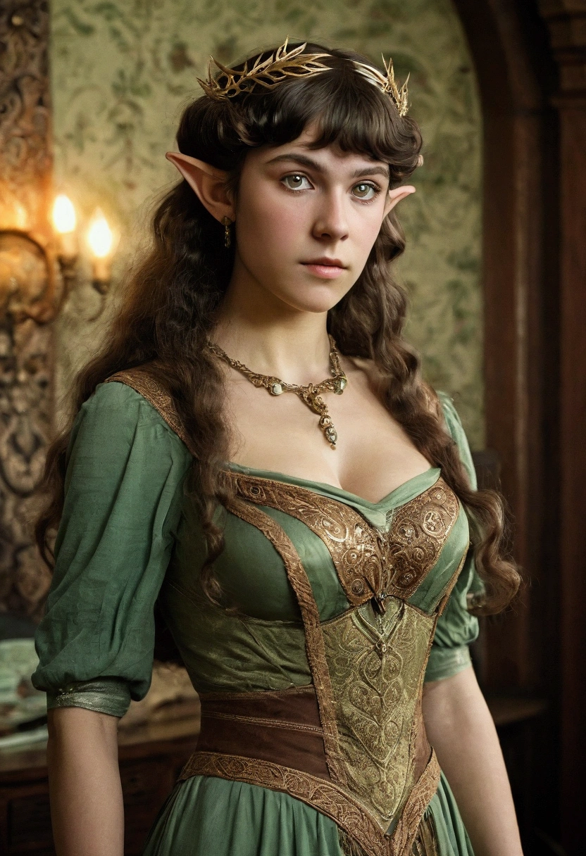 1910s analog film photograph, colorized photo of an elven maiden, 18-years-old, amazonian stature, thick-fit hourglass figure, busty breasts, toned, athletic, wearing a victorian traveling dress, warm almond complexion, pointy elf ears, amber eyes, dark brunette hair, thick curly bangs, resembles Mary Elizabeth Winstead, standing in a manor drawing room, RAW Photograph, dslr, soft lighting, high quality, film grain, Fujifilm XT3, detailed skin with visible pores, insane details, masterpiece, 8k, 35mm photograph, faded film, desaturated, grainy, vintage, Lomography, stained, highly detailed, found footage, long elven ears