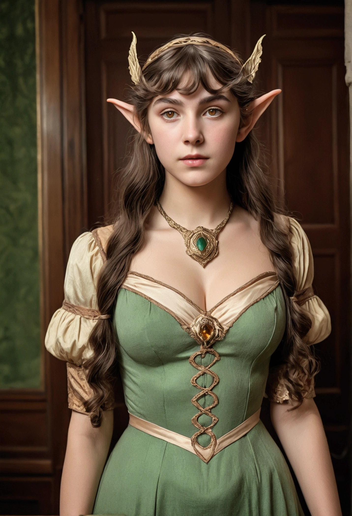 1910s analog film photograph, colorized photo of an elven maiden, 18-years-old, amazonian stature, thick-fit hourglass figure, busty breasts, toned, athletic, wearing a victorian traveling dress, warm almond complexion, pointy elf ears, amber eyes, dark brunette hair, thick curly bangs, resembles Mary Elizabeth Winstead, standing in a manor drawing room, RAW Photograph, dslr, soft lighting, high quality, film grain, Fujifilm XT3, detailed skin with visible pores, insane details, masterpiece, 8k, 35mm photograph, faded film, desaturated, grainy, vintage, Lomography, stained, highly detailed, found footage, long elven ears