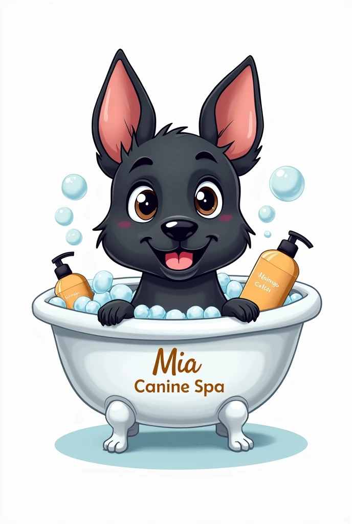 (Logo) Formal cartoon of a black female dog with upright ears, in a white tub, with bubbles and shampoo with the name Mía Canine Spa 