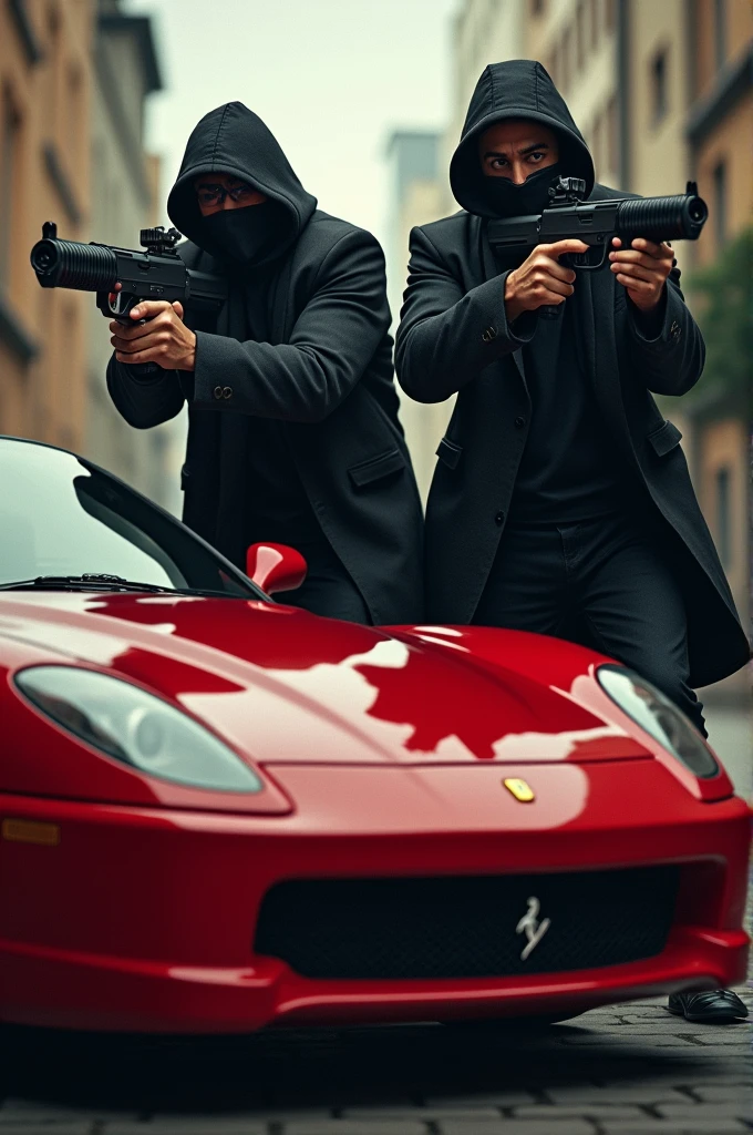 Create images of two machine gun-wielding thieves stealing a Ferrari