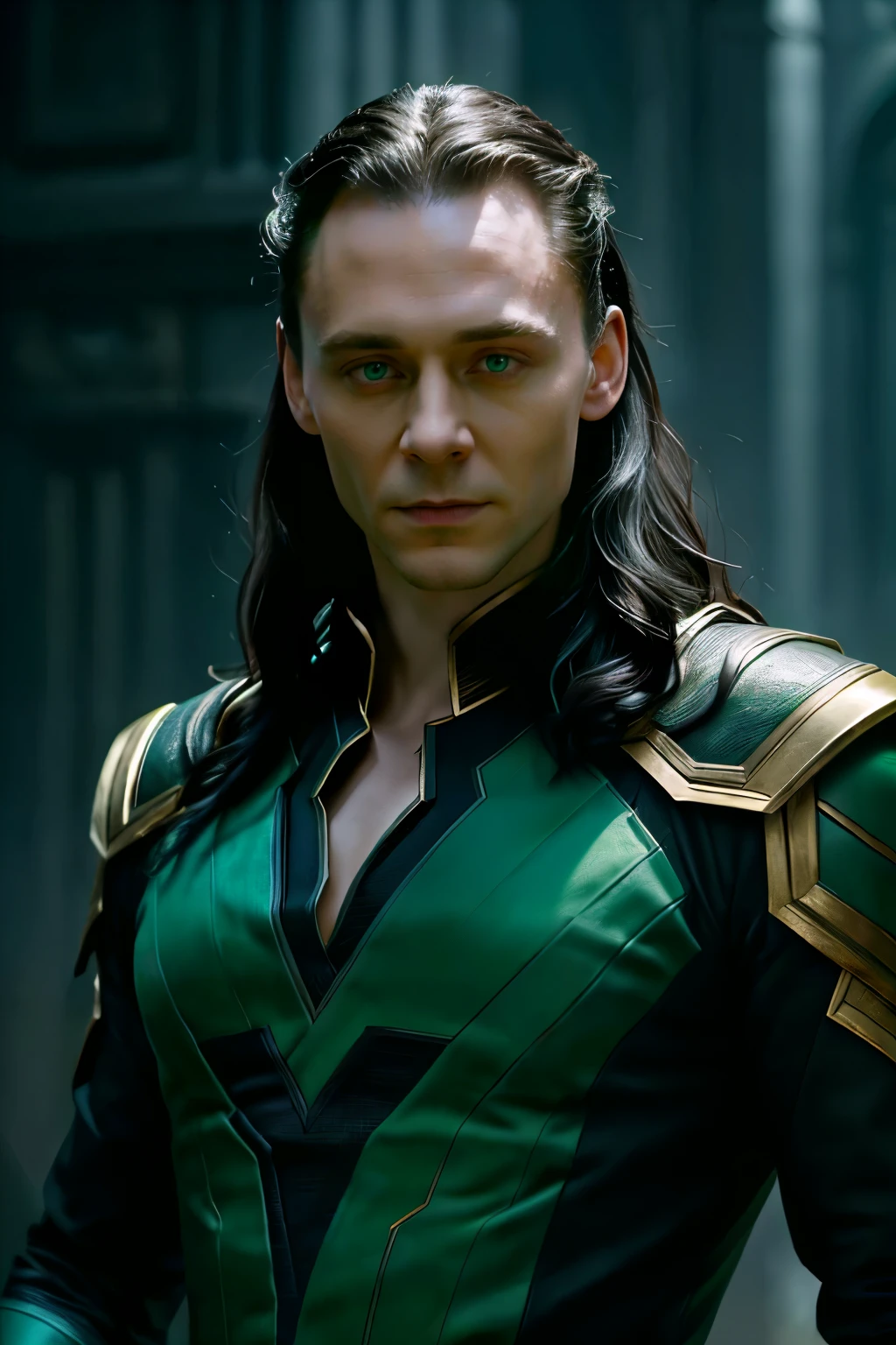 1 man, Loki, Tom Hiddleston, black smooth hair, green tunic, detailed facial features, piercing green eyes, elegant posture, Marvel comics character, cinematic lighting, dramatic shadows, fantasy setting, moody atmosphere, digital painting, concept art style, vivid colors, high contrast, photorealistic, 8k, best quality, masterpiece