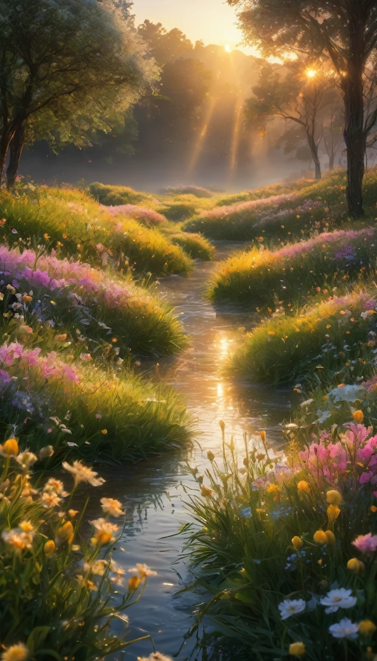 a beautiful morning sunrise, delicate flowers with dew drops, stunning landscape, serene and peaceful environment, golden sunlight, soft natural lighting, highy detailed, 8k, photorrealistic, cinematic, dramatic lighting, swirly vibrant colors, lush vegetation, picturesque landscape, romantic and ethereal, work of art