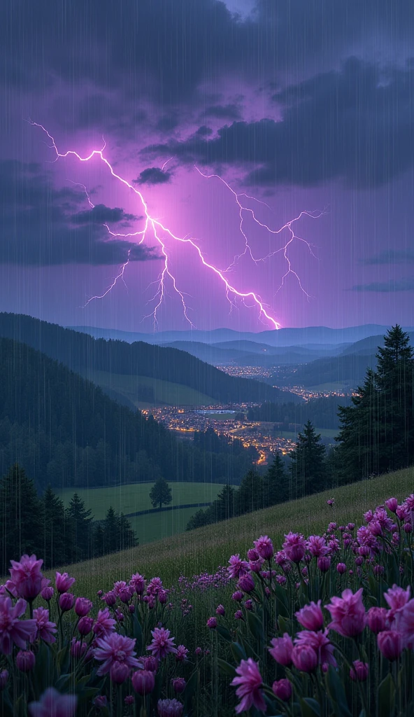 From above　countryside　Lights of a small town　Flowers in the foreground　Purple Lightning　heavy rain