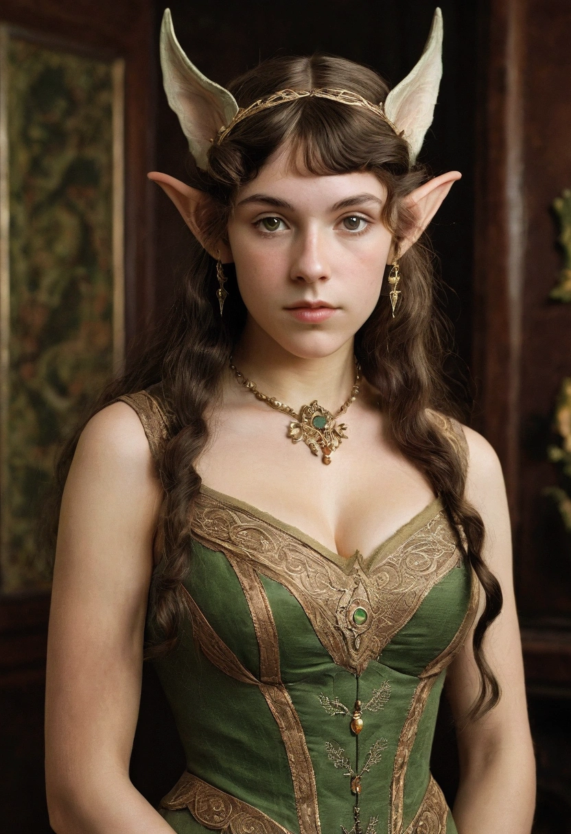 1910s analog film photograph, colorized photo of an elven maiden, 18-years-old, amazonian stature, thick-fit hourglass figure, busty breasts, toned, athletic, wearing a victorian traveling dress, warm almond complexion, pointy elf ears, amber eyes, dark brunette hair, thick curly bangs, resembles Mary Elizabeth Winstead, standing in a manor drawing room, RAW Photograph, dslr, soft lighting, high quality, film grain, Fujifilm XT3, detailed skin with visible pores, insane details, masterpiece, 8k, 35mm photograph, faded film, desaturated, grainy, vintage, Lomography, stained, highly detailed, found footage, long elven ears