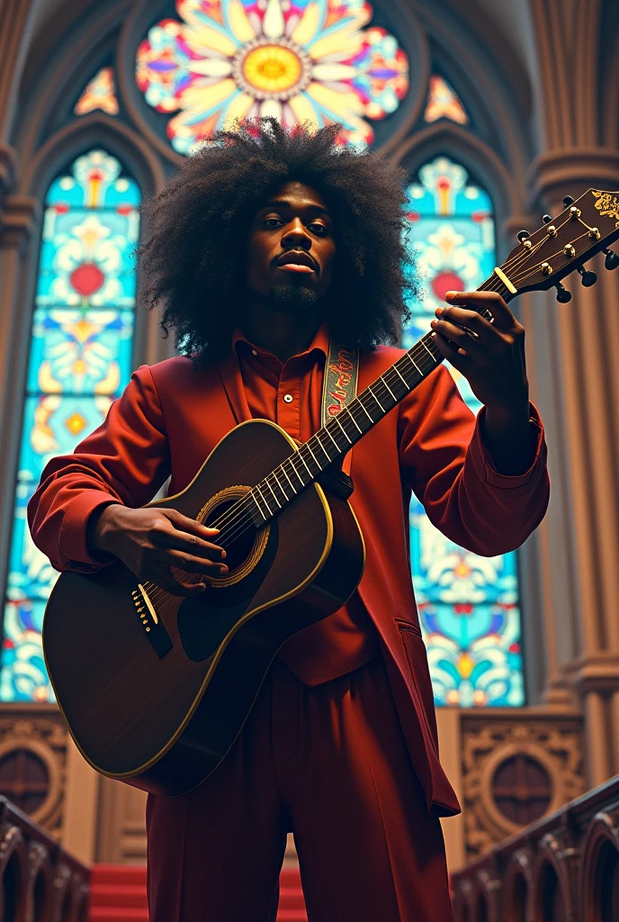 Tall man, dark-skinned, big lips,big curly hair playing guitar in church. digitl art, 8k, surreal, swirly vibrant colors,