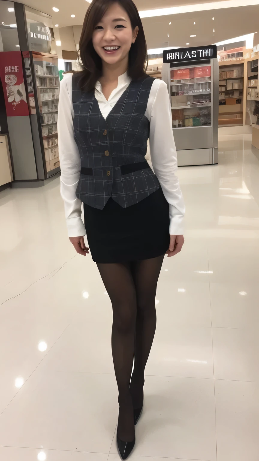 high quality、8k、masterpiece、Ultra-high resolution、Clear photos、Professional Lighting、Natural light、Realistic、Highly detailed skin、Perfect Anatomy、Beautiful fingers、Beautiful Hands、One Woman、 25、Bab6、Large Breasts、(Large areola)、Glamour、Bob Hair:1.8、Black Hair、Beautiful Hair、smile、(Squint your eyes and laugh:1.2)、Checked vest、(Perfect Pantyhose:1.2)、((Black Pantyhose))、((At the Mall))、Attractive pose、((Full Body Shot:1.5))