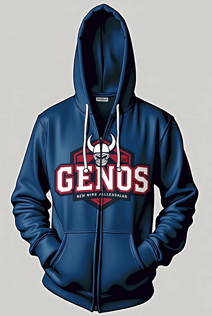 Make a logo with the colors of Sucia and the Vikings that is on a sweatshirt that says Genos