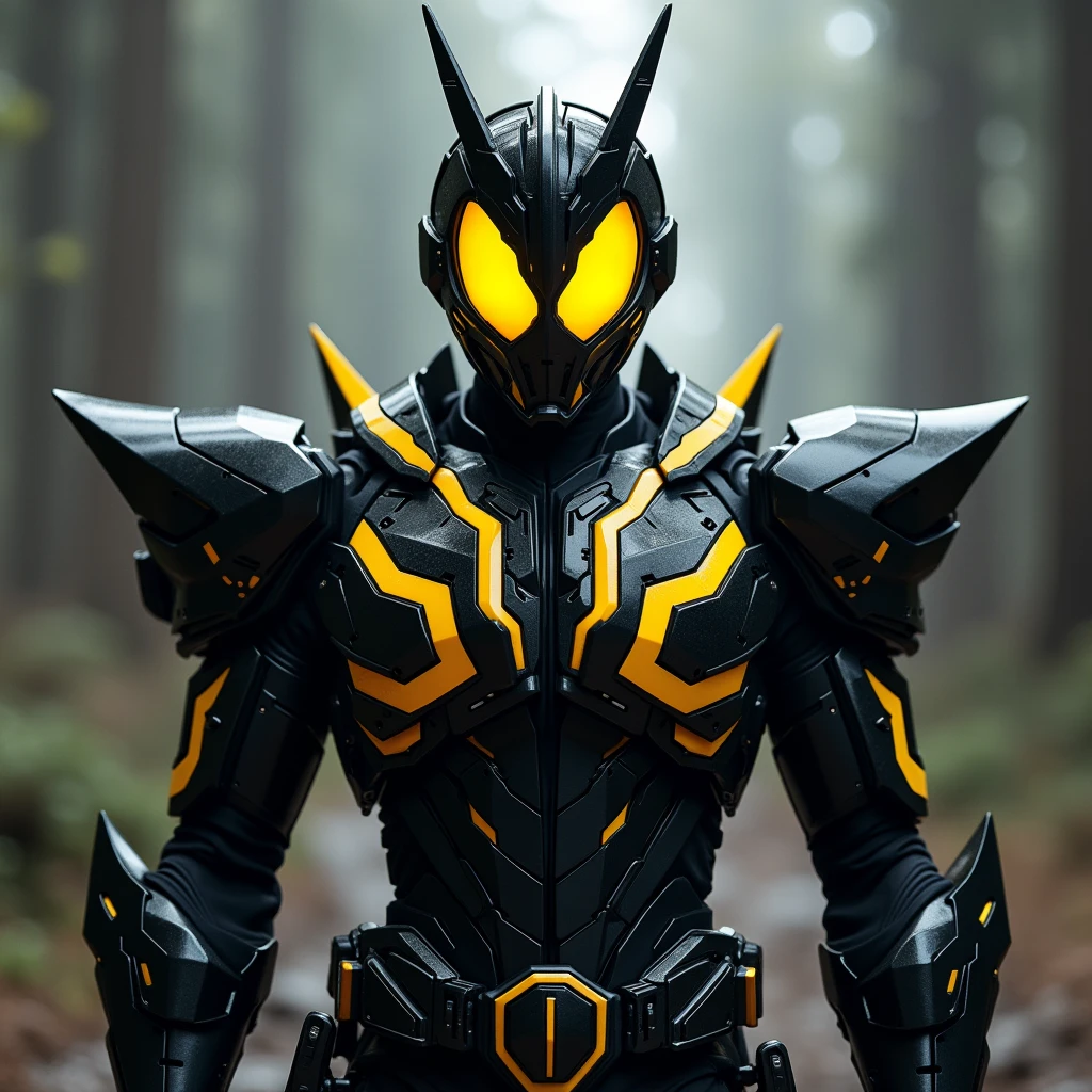 Kamen Rider, yellow sharp eye visor, black armor suit & yellow line colored armor.