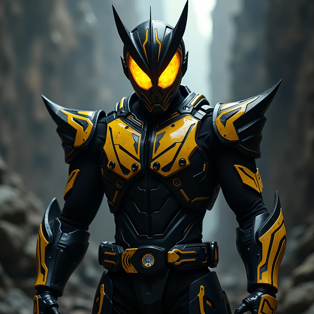 Kamen Rider, yellow sharp eye visor, black armor suit & yellow line colored armor.