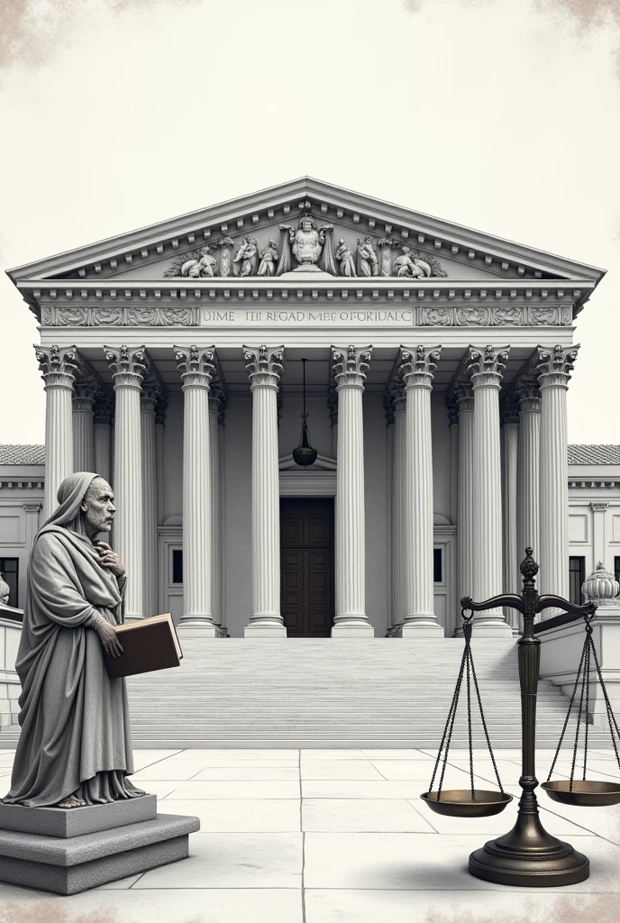 Draw this that I am going to describe to you :
- a government building, a person with a book on the left side and a scale on the right side But so that I can draw