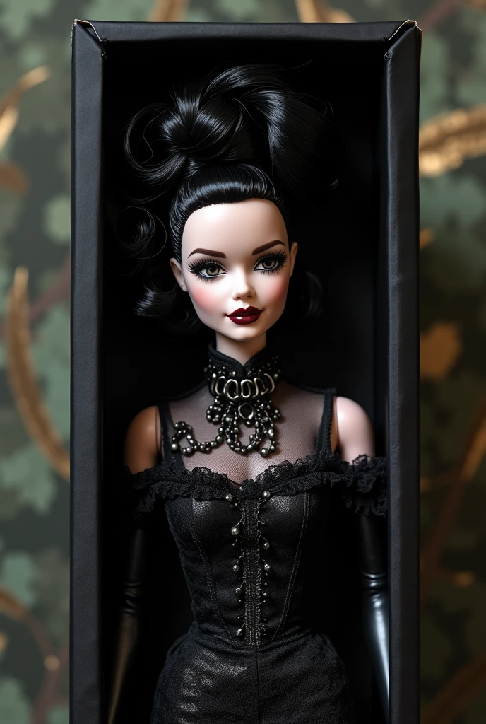 Barbie doll customized according to style, hair and hairstyle of a gothic Snow White in the style of dark fantasy from the 80s. The doll itself must be inside a box made of cardboard., black. The box must have a clear acetate front cover so that the doll can be viewed.