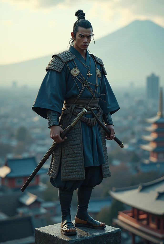 masterpiece, sharp_calligraphy, indian_ink_brush_painting, official_art, octane_render, ice_photography, double_exposure_prism, fountain, cityscape, Kyoto, 1boy, katana, pillar, blue_eyes, narrow_eyes, serious, samurai, wedge_sandals, black_hair, braid, dark_skin, standing, from_below, crepuscular_rays, sunlight, natural_light, ethereal_lighting, ray_tracing, light_shadow_symmetry, aerial_view, japanese_temple, diffused_natural_skin_glow, moist_eyes, staring, subjective_perspective, bokeh, round_bokeh, back_lighting,