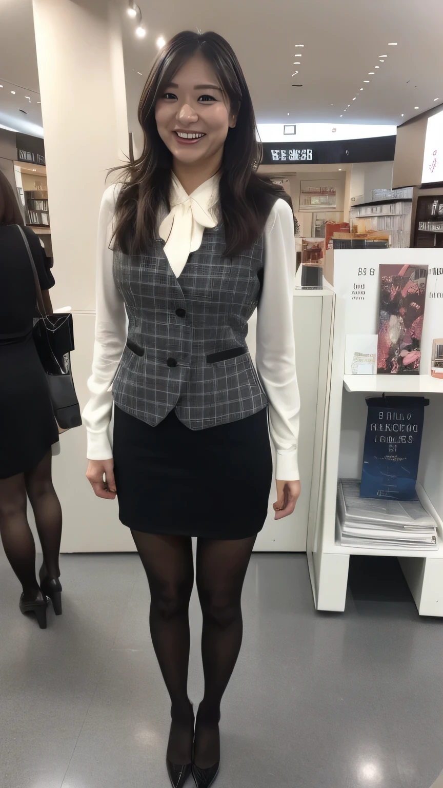 high quality、8k、masterpiece、Ultra-high resolution、Clear photos、Professional Lighting、Natural light、Realistic、Highly detailed skin、Perfect Anatomy、Beautiful fingers、Beautiful Hands、One Woman、Age 25、Baby Face:1.6、Large Breasts、(Large areola)、Glamour、Bob Hair:1.8、Black Hair、Beautiful Hair、smile、(Squint your eyes and laugh:1.2)、Checked vest、(Perfect Pantyhose:1.2)、((Black Pantyhose))、((At the Mall))、Attractive pose、((Full Body Shot:1.5))