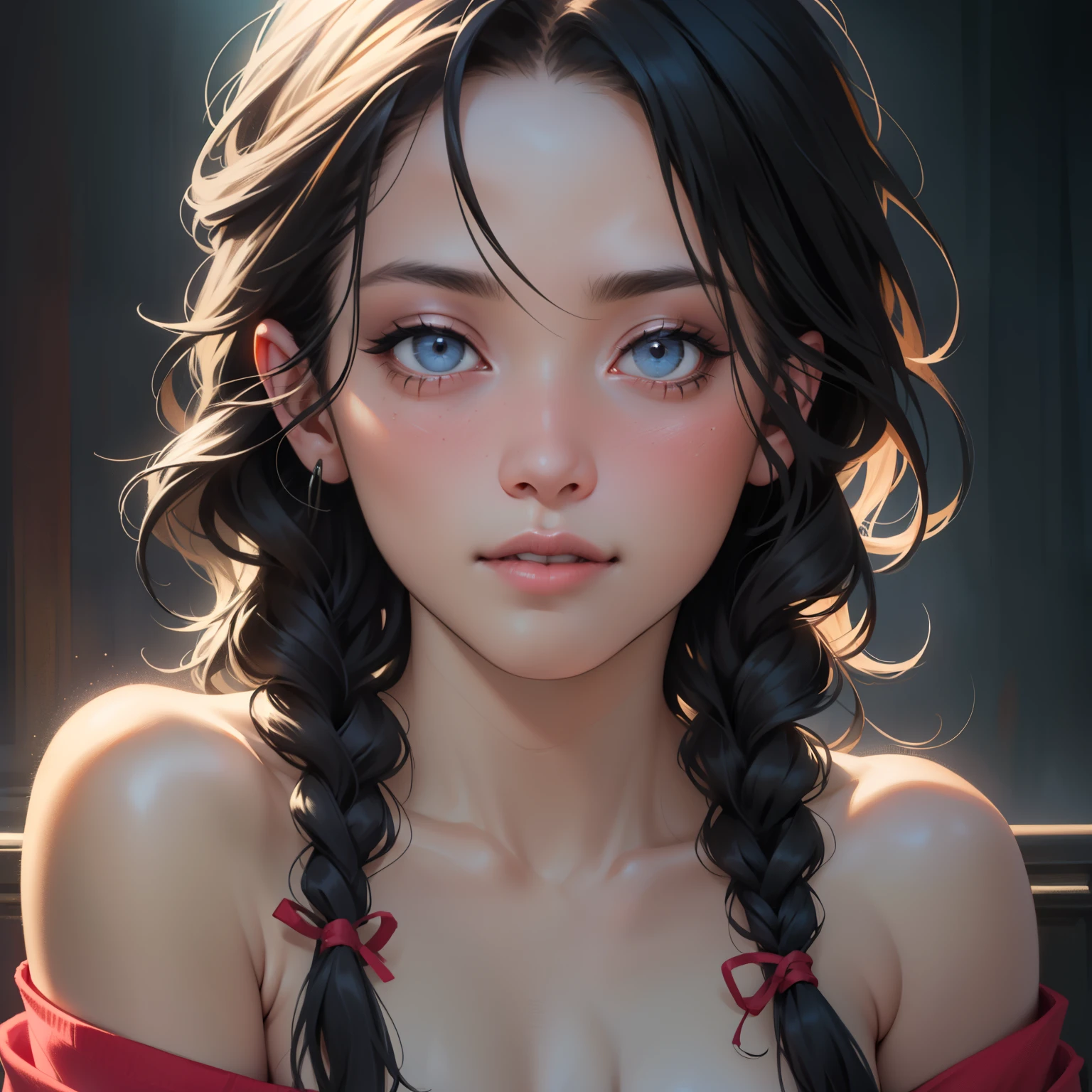 a beautiful woman with long black braided hair, seductive soft eyes, blushing hard, pink parted lips with a seductive smile, long neck and collarbone, medium chest and cleavage, wearing an off-shoulder t-shirt exposing her bare shoulders, (best quality,4k,8k,highres,masterpiece:1.2),ultra-detailed,(realistic,photorealistic,photo-realistic:1.37),intricate details,highly detailed face,extremely detailed eyes and face,longeyelashes,beautiful detailed lips,extremely detailed skin,cinematic lighting,warm color tones,chiaroscuro lighting,romantic,sensual,intimate,alluring,captivating