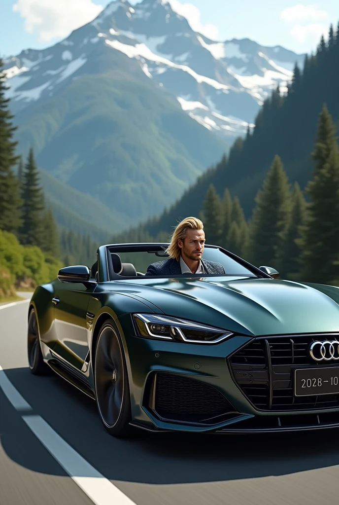 Handsome blond haired man driving in his black Audi.