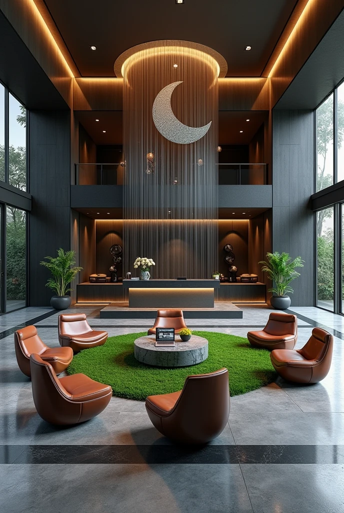 Professional 3d architecture rendering design of modern And high tech for boticque hotel’s Labi with dark slab stone and 8 dark brown leather Chairs that separate with modern green space and medium flouting dark gray marble station and 2 laptops and coffee table elegant and modern glassy and silver accessories and modern windows and private space for baggage in the Labi and black slab stone middle table and elegant accessories and modern ceiling lighting and beautiful green space and private space for baggage with silver wall and silver reception and big silver sculpture of crescent moon that cover with waterfall in the corner of Labi and modern green space between the chairs