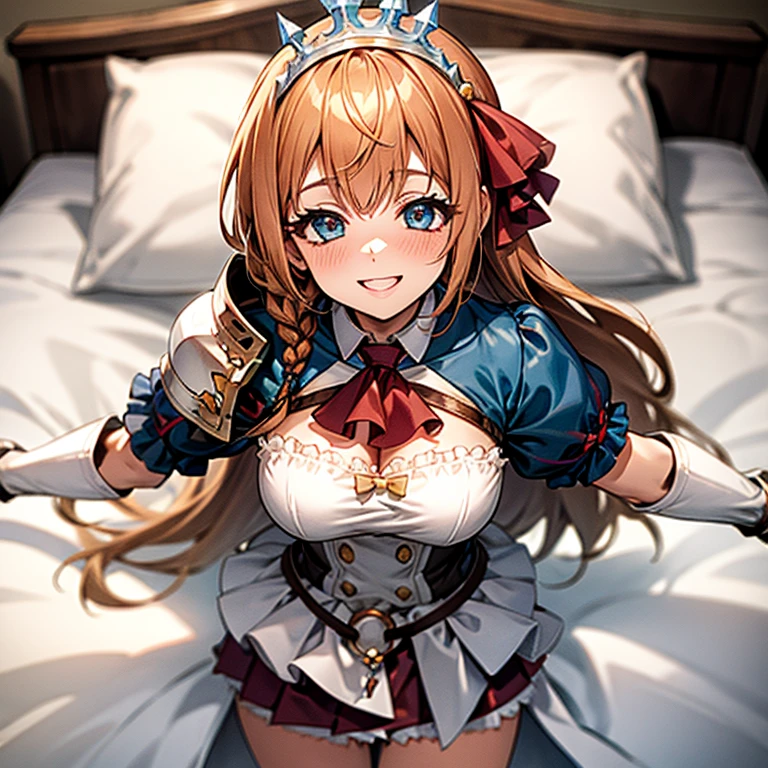 high quality,(Lie on your back on the bed), outstretched arms, aapeco, very long hair, ahoge, braid, tiara, hair ribbon, red ascot, cleavage, shrug (clothing), shoulder armor, white dress, short sleeves, white gloves, pleated skirt, red skirt, A seductive smile, Shot from directly above,Brown Hair, Blushing, smile, Big Breasts,detailed face,cum on face