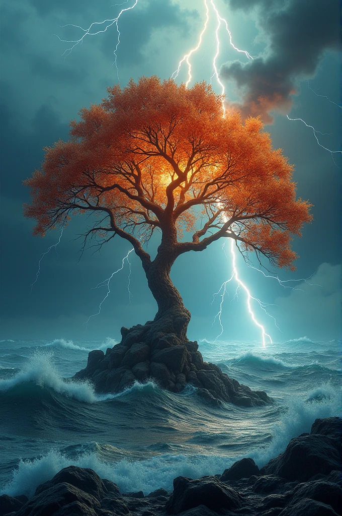 A tree in the sea catches the fire from lighting sky