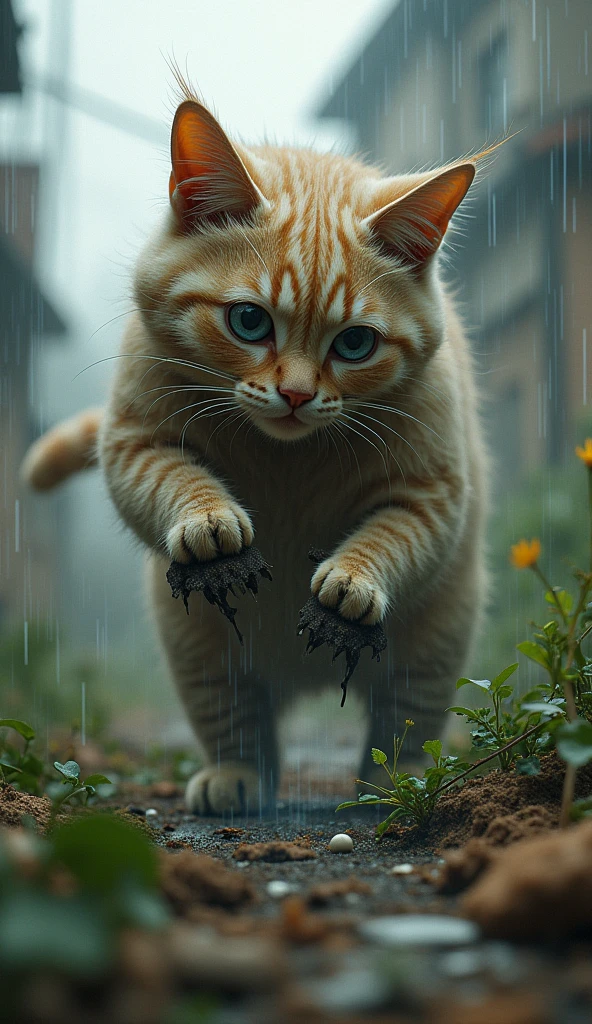 Facing Challenges: Show humaniod cat battling strong winds or rain, with a few damaged plants around, but he’s resolutely repairing his garden.undefined,