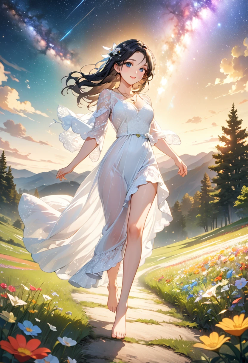 (masterpiece、Highest quality、8k、High resolution)、1 female、Beautiful eyes with slit length、Cute lips、Beautiful Nose、Brownish black hair、smile、(Best anime girl)、Green grassland with forest view、Walking,(Barefoot, flying, running, high, high),Colorful flowers blooming in the field,A bright night with the stars clearly visible、milky way、(Mysterious light particles from the whole body、Colorful light particles)、jewelry、necklace、White lace dress、(Beautiful full body style)、Highly detailed anime art、A complete portrayal、